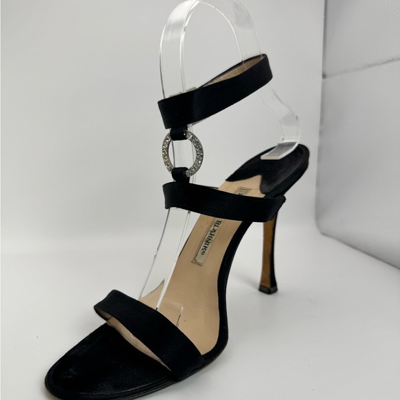 Manolo Blahnik Crystal Buckle & Ring Black Suede Open Toe Sandal Heel - Size 38 - Picture 8 of 12